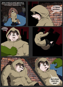 alley anthro bottomwear brown_body brown_fur clothed clothing dialogue duo fingerless_gloves footwear fur gloves green_body hair handwear hood male markings mole_(marking) multicolored_body multicolored_fur pants speech_bubble text topwear trash trash_can two_tone_body two_tone_fur xxsparcoxx craig_(xxsparcoxx) wildert_(xxsparcoxx) canid canine canis crocodile crocodilian mammal reptile scalie wolf 2015 comic digital_media_(artwork) english_text hi_res