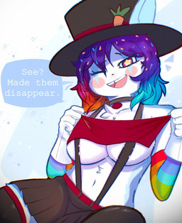 anthro black_bottomwear black_clothing black_skirt bottomwear carrot clothing collar dialogue female food fur gloves hair handwear hat headgear headwear legwear multicolored_hair navel plant rabbit_ears sitting skirt smile smiling_at_viewer solo speech_bubble star_eyes suspenders thigh_highs top_hat vegetable white_body white_fur bunondemand cupcake_(yoako) lagomorph leporid mammal rabbit