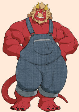 2_horns biceps big_muscles big_pecs black_nails bulge clothing colored_nails detailed_bulge genital_outline horn male mane muscular muscular_humanoid muscular_male nails nipples overalls overalls_only pecs penis_outline red_body red_skin sharp_teeth smile solo tail teeth thick_thighs othukimi gardie_(otukimi) demon humanoid hi_res