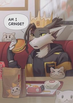 anthro burger burger_king_crown clothing crown detailed_background fast_food fingerless_gloves food fur gloves handwear headgear jacket male solo speech_bubble text topwear ashikau mythology domestic_cat dragon felid feline felis furred_dragon furred_scalie mammal mythological_creature mythological_scalie scalie absurd_res english_text hi_res