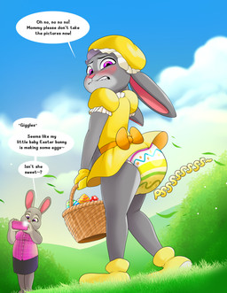 alternative_fashion anthro basket blush blush_lines bodily_fluids bonnet booties bottomwear classic_lolita clothing cloud container dialogue diaper dress duo ears_back ears_down easter_basket easter_egg electronics embarrassed female female/female female_anthro fur genital_fluids grey_body grey_fur handwear headgear headwear holidays j-fashion lolita_(fashion) looking_back mittens onomatopoeia outside phone pink_clothing pink_shirt pink_topwear pivoted_ears purple_eyes shirt skirt sound_effects speech_bubble taking_picture text topwear unclean_diaper urine used_diaper using_diaper wet_diaper wetting wetting_diaper yellow_bonnet yellow_booties yellow_bow yellow_clothing yellow_dress yellow_handwear yellow_mittens coqodraws disney easter zootopia bonnie_hopps judy_hopps european_rabbit lagomorph leporid mammal oryctolagus rabbit absurd_res english_text hi_res daughter_(lore) mother_(lore) mother_and_child_(lore) mother_and_daughter_(lore) parent_(lore) parent_and_child_(lore) parent_and_daughter_(lore)