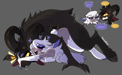angry anthro black_body black_fur breasts duo female fur genitals grey_body grey_fur happy heart_symbol horn male male/female penetration penis purple_eyes sex simple_background text white_body white_fur yellow_eyes saucymist hazbin_hotel hellaverse emily_(hazbin_hotel) bovid caprine goat mammal sheep hi_res