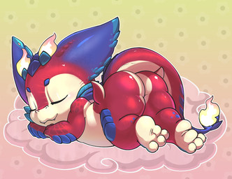 ambiguous_gender anthro anthrofied blue_arms blue_body blue_legs blue_scales blue_tail butt claws eyebrows eyes_closed facial_scales feet multicolored_body multicolored_scales multicolored_tail nude red_arms red_body red_butt red_fingers red_legs red_scales red_tail scale_eyebrows scales sleeping soles solo tail teeth young young_anthro lkiws league_of_legends mythology riot_games tencent smolder_(lol) dragon mythological_creature mythological_scalie reptile scalie hi_res