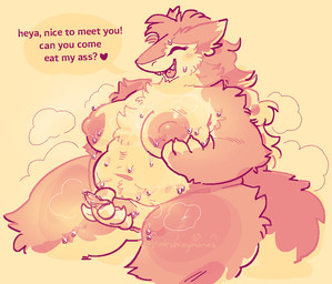 anal_request anthro areola arm_tuft belly biped bodily_fluids breasts butt_tuft chest_tuft claws dialogue ear_tuft elbow_tuft erection eyes_closed fur genital_fluids genitals gynomorph hair heart_symbol intersex knee_tuft leg_tuft long_hair navel nipples oral_request overweight overweight_anthro overweight_gynomorph overweight_intersex penis precum requesting rimming_request sex_request sharp_teeth shoulder_tuft solo speech_bubble steam steaming_body sweat sweaty_belly sweaty_breasts sweaty_genitalia sweaty_penis tail tapering_penis teeth text tuft pinkshinyhorns sergal 2025 english_text