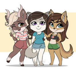 3_toes 4_toes anthro antlers barefoot big_breasts blonde_hair blue_eyes breasts brown_eyes brown_hair chibi claws clothed clothing crop_top feet female fluffy fluffy_tail fur group hair hooves horn midriff navel one_eye_closed plantigrade purple_eyes shirt simple_background smile tail toes topwear wink fairdahlia aurora_(fairdahlia) dahlia_(fairdahlia) harper_(fairdahlia) canid canine canis coyote deer domestic_cat felid feline felis mammal new_world_deer reindeer hi_res
