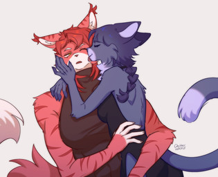 anthro big_breasts black_clothing black_dress blue_hair braided_hair breasts butt cheek_lick chest_tuft choker claws clothed clothing dipstick_tail dress duo eyelashes eyes_closed face_lick female female/female fur grey_background grey_body grey_fur hair hand_on_cheek hug jewelry licking licking_another looking_at_another looking_at_partner love markings medium_breasts necklace one_eye_closed open_back_dress open_mouth pivoted_ears red_body red_fur red_hair red_markings romantic romantic_couple shirt simple_background slit_dress smile tail tail_markings tongue topwear tuft white_body white_fur yellow_eyes chubberwocky abyssinian_cat domestic_cat felid feline felis maine_coon mammal 2025 digital_drawing_(artwork) digital_media_(artwork) hi_res signature