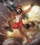 abs anthro armpit_hair athletic athletic_anthro athletic_male barefoot big_bulge biped body_hair boxer_briefs bulge clothed clothing explosion feet full_foot_pawpads fur gun holding_object holding_weapon male paws pecs pubes ranged_weapon rocket_launcher solo topless underwear weapon corrsk guardians_of_the_galaxy marvel rocket_raccoon mammal procyonid raccoon digital_media_(artwork) hi_res