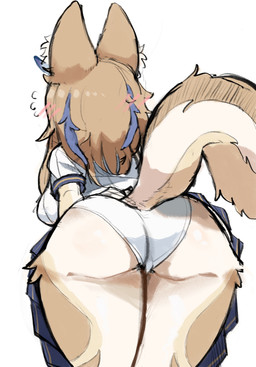animal_ears anthro big_butt biped blue_clothing bottomwear breasts butt clothed clothing female fur hair multicolored_body panties solo tail thick_thighs topwear underwear white_clothing tofffffu canid canine mammal hi_res