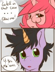 2012 black_hair comic dialogue duo english_text equid equine eyewear fan_character female feral fur glasses hair hasbro hi_res horn male mammal my_little_pony mythological_creature mythological_equine mythology pink_body pink_fur pink_hair purple_body purple_fur text tiki_san unicorn