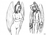 angel black_and_white breasts clothed clothing crossed_arms digital_drawing_(artwork) digital_media_(artwork) feathered_wings feathers female hair hair_over_eye humanoid humanoid_pointy_ears kieri_suizahn line_art looking_at_viewer monochrome nipples nude one_eye_obstructed pose sketch slightly_damned solo standing version_comparison wings yellowpower
