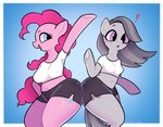 anthro blue_eyes blush breasts clothed clothing cutie_mark duo exclamation_point female grey_body grey_hair hair happy hooves navel nipple_outline pink_body pink_hair purple_eyes semi-anthro slightly_chubby surprise thick_thighs tight_clothing wide_hips immunefox friendship_is_magic hasbro my_little_pony marble_pie_(mlp) pinkie_pie_(mlp) earth_pony equid equine horse mammal pony hi_res sibling_(lore) sister_(lore) sisters_(lore)