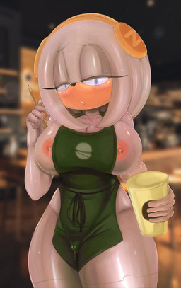 anthro apron apron_only areola big_breasts black_nose blue_eyes blue_sclera blush blush_lines bodily_fluids breasts camel_toe clothing container cup eyelashes female fur genital_fluids green_apron green_clothing grey_body grey_fur grey_hair hair holding_container holding_cup holding_object holding_pencil lactating looking_at_viewer milk nipples pencil_(object) pink_areola pink_nipples solo sweat sweatdrop tan_body tan_fur thick_thighs vaginal_fluids wide_hips hereapathy i_mean_breast_milk sega sonic_the_hedgehog_(series) zeta_the_echidna echidna mammal monotreme hi_res meme