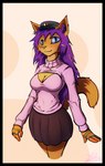 abstract_background accessory anthro blue_eyes bottomwear breasts cleavage clothed clothing female fluffy_ears footprint furgonomics gloves hair hair_accessory hairclip handwear hat headgear headwear hoodie long_hair orange_body pawprint purple_hair skirt solo sweater tail tail_through_skirt topwear twitter_hoodie lodi_(artist) meme_clothing firepawdacat domestic_cat felid feline felis mammal hi_res meme