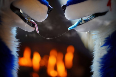 after_kiss ambiguous_gender anthro blue_body blue_fur blurred_background bodily_fluids clothing costume drooling duo fur fursuit saliva saliva_on_tongue saliva_string text tongue tongue_out white_body white_fur zackhazel 3d_(artwork) digital_media_(artwork) hi_res japanese_description photo_manipulation photography_(artwork) translation_request