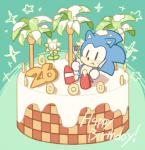 anthro biped birthday black_eyes blue_body blue_fur cake clothing cutlery dessert eating flower food footwear fork fur gloves green_background handwear holding_object kitchen_utensils knife male plant shoes simple_background sitting solo sparkles sunflower text tools tree sikai sega sonic_the_hedgehog_(series) sonic_the_hedgehog eulipotyphlan hedgehog mammal english_text