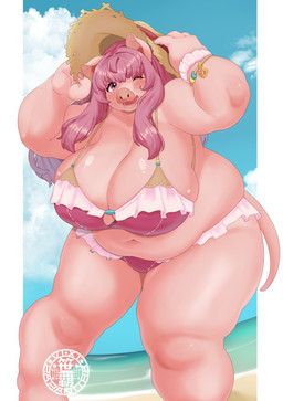 anthro beach big_breasts bikini border bracelet breasts brown_clothing brown_hat brown_headwear clothing cloud day female female_anthro glistening glistening_breasts hair hat headgear headwear holding_clothing holding_hat holding_headgear holding_headwear holding_object huge_breasts jewelry logo navel one_eye_closed overweight overweight_anthro overweight_female pink_bikini pink_body pink_clothing pink_eyes pink_hair pink_skin pink_swimwear sea sky solo standing straw_hat swimwear tail thick_thighs two-piece_swimsuit water white_border wide_hips wink sasanoha6011 raea_(sasanoha6011) domestic_pig mammal suid suine sus_(pig) absurd_res artist_logo hi_res
