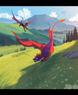4_toes all_fours black_body canon_couple claws duo feet female feral field flying grass green_eyes happy hill horn landscape male mountain multi_horn plant purple_body purple_eyes scenery smile tail tail_coil toes tree wings plaguedogs123 activision mythology spyro_the_dragon cynder spyro canid canine canis dragon mammal mythological_creature mythological_scalie scalie wolf 2025 absurd_res digital_media_(artwork) hi_res