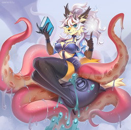 5_fingers anthro biped breasts clothed clothed_anthro clothed_female clothing countershade_torso countershading female fingers front_view fur hair horn looking_at_viewer simple_background sitting smile solo tail teeth tentacles sorafoxyteils vtuber seosaur canid canine fox mammal 2026 digital_drawing_(artwork) digital_media_(artwork) hi_res