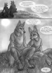 anthro barefoot bottomwear canid canine canis clothed clothing comic dialogue duo english_text feet fennec_fox fox fully_clothed grass greyscale male mammal marcus_(rukis) monochrome pants paws plant reis rukis shirt shorts sitting t-shirt tail text topwear true_fox wolf young young_anthro