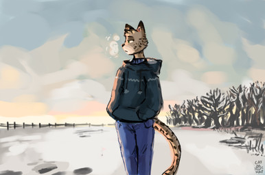 anthro black_body black_fur black_nose black_spots blue_bottomwear blue_clothing blue_pants bottomwear breath clothing dead_tree forest fur green_clothing green_jacket green_topwear half-closed_eyes jacket looking_away male markings narrowed_eyes outside pants plant snow solo spots spotted_body spotted_fur topwear tree yellow_body yellow_fur catnapstar cheetah felid feline mammal