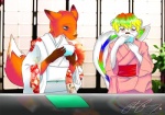 anthro asian_clothing beverage blush clothing duo east_asian_clothing female food hair japanese_clothing kimono male multicolored_hair multicolored_tail rainbow_hair rainbow_tail tail tea nitzleplick canid canine fox mammal mephitid skunk striped_skunk