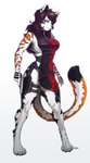 anthro breasts brown_eyes brown_hair clothing digitigrade dress female hair holster looking_at_viewer ranged_weapon side_boob solo stripes tactical_gear weapon pgm300 emily_moegelvang felid mammal pantherine tiger 2023 absurd_res hi_res