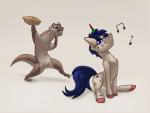 ambiguous_gender dessert duo feral food hair male musical_note musical_symbol pastry pie simple_background symbol white_background marsminer hasbro my_little_pony red_faction bishop_(character) fan_character mr._toots equid equine horse mammal mustelid otter pony 2016 crossover hi_res