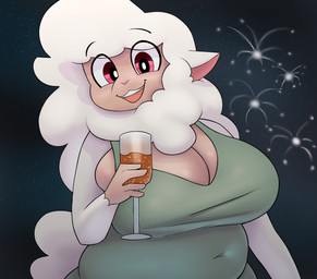 alcohol anthro belly beverage big_belly big_breasts breasts champagne clothed clothing container cup dress female fireworks glass glass_container glass_cup huge_breasts looking_at_viewer navel open_mouth overweight smile solo tail teeth tongue white_body ahobobo izzy_(creme-bean) bovid caprine mammal sheep digital_media_(artwork) hi_res