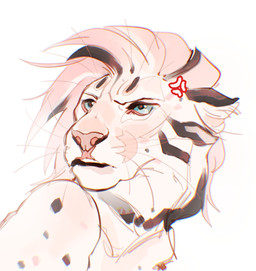 anthro black_ears black_hair black_markings blue_eyes ears_back female female_anthro fur glistening glistening_eyes hair markings mouth_closed multicolored_hair pink_body pink_fur pink_hair pivoted_ears simple_background solo whiskers white_background white_body white_fur white_hair justkiddinb felid mammal absurd_res bust_portrait hi_res portrait