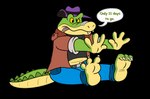 3_toes 4_fingers anthro biped bottomwear clothing counting_on_fingers dialogue feet fingers green_body hat headgear headwear pants shirt sitting solo text toes tongue tongue_out topwear jolly_the_lizard brok_the_investigator cowcat_games brok_(brok_the_investigator) alligator alligatorid crocodilian reptile scalie 2023 alpha_channel english_text hi_res