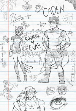 2_tails anthro arm_pads armor belt bodysuit boots bottomwear breastplate chibi clothed clothing duo food footwear gloves grin hair hands_on_hips handwear heart_symbol knee_pads looking_at_viewer male male/male multi_tail muscular muscular_anthro muscular_male paws sharp_teeth shoes shorts shoulder_pads side_hug skinsuit smile standing star swirl tail teeth text tight_clothing topwear wristband mau_bauu cup_noodles caden_(mau_bauu) hua_(mau_bauu) animal_humanoid aquatic aquatic_humanoid domestic_cat felid felid_humanoid feline feline_humanoid felis fish humanoid mammal mammal_humanoid shark absurd_res graphite_(artwork) hi_res monochrome sketch sketch_page traditional_media_(artwork)