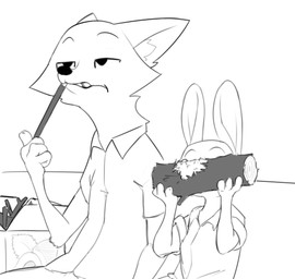 anthro chewing clothed clothing duo ears_up female furniture inner_ear_fluff log male shirt simple_background sitting sofa stick topwear tuft white_background wood ciwi disney zootopia judy_hopps nick_wilde canid canine fox lagomorph leporid mammal rabbit red_fox true_fox black_and_white monochrome