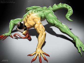 all_fours anthro athletic athletic_anthro athletic_male back_muscles biped blood blood_in_mouth blood_on_face blood_on_hand bodily_fluids claws clothing finger_claws green_body hat hat_only headgear headgear_only headwear headwear_only long_tongue looking_at_viewer male mostly_nude multicolored_body pupils slit_pupils solo toe_claws tongue tongue_out yellow_body yellow_eyes amon-sydonai glitch_productions the_amazing_digital_circus evil_gummigoo_(tadc) gummigoo_(tadc) crocodile crocodilian reptile scalie 2026 4:3 digital_media_(artwork)