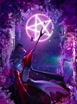 beak blue_sky clothing flower male night occult_symbol open_window pentagram plant reaching_up red_eyes robe sad sky star symbol tail window kookiesz silentzound helluva_boss stolas_(helluva_boss) hi_res