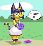 anthro blue_eyes blue_hair clothed clothing dialogue dress female fur hair jewelry markings open_mouth outside solo striped_markings striped_tail stripes tail tail_markings text yellow_body yellow_fur tempestryder animal_crossing nintendo ankha_(animal_crossing) domestic_cat felid feline felis mammal english_text