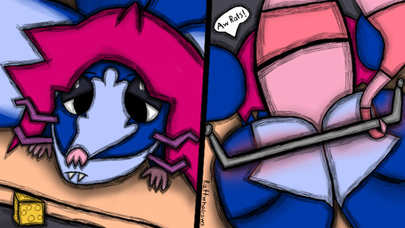 anthro blue_body blue_fur butt cheese dairy_products fangs food front_view frown fur hair male mouse_trap pink_hair pink_nose prehensile_tail purple_whiskers rat_tail ratthew_(rattwhodraws) rear_view solo speech_bubble tail teeth trap_(contrivance) whiskers rattwhodraws mammal murid murine rat rodent