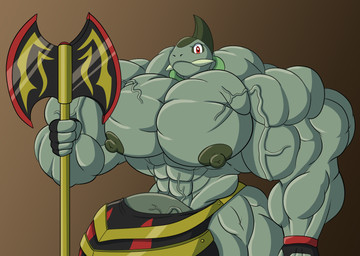 anthro axe big_bulge big_muscles big_nipples big_pecs bulge clothing crotch_armor fingerless_gloves gloves handwear huge_bulge huge_muscles hyper hyper_bulge hyper_muscles male muscular muscular_anthro muscular_male nipples pecs solo speedo swimwear tusks weapon flameyverdantfire mythology nintendo pokemon axew dragon generation_5_pokemon mythological_creature mythological_scalie pokemon_(species) reptile scalie