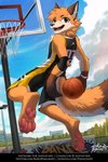 4_toes anthro ball barefoot basketball_(ball) basketball_net black_bottomwear black_clothing black_pants black_topwear blue_sky bottomwear brown_body brown_fur claws clothed clothing cloud countershading feet fur glistening glistening_eyes green_eyes male male_anthro open_mouth open_smile orange_body orange_fur outside pants pawpads paws pink_pawpads plant sky smile solo tan_body tan_fur text three-quarter_view toe_claws toes topwear tree urban yellow_bottomwear yellow_clothing yellow_pants yellow_topwear penguinexperience canid canine fox mammal full-length_portrait hi_res portrait signature url