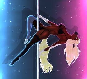 anthro black_bra black_clothing black_legwear black_panties black_underwear blonde_hair bra brown_body clothed clothing dancing female green_pupils hair legwear looking_at_viewer mouth_closed panties pole pole_dancing pupils skimpy solo tail text underwear white_eyes yellow_tail huskii-s equid equine horse mammal artist_name