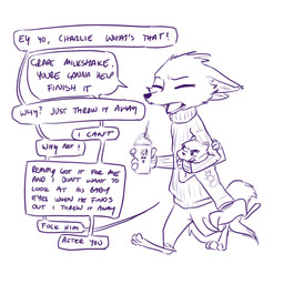 anthro barefoot cheek_tuft chokehold clothed clothing container cup dialogue disposable_cup drinking_straw duo eyes_closed facial_tuft feet female head_tuft headlock holding_object larger_female male simple_background size_difference smaller_male speech_bubble text tuft walking white_background ittybittykittytittys disney pack_street zootopia charlie_(weaver) fan_character marty_(weaver) canid canine fox mammal mustelid musteline stoat true_musteline weasel 1:1 2018 censored english_text monochrome mosaic_censorship purple_and_white