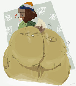 anthro beanie big_butt black_nose blep blush bottomwear brown_body butt clothed clothing femboy floppy_ears freckles furgonomics hat headgear headwear huge_butt jacket male overweight pants pattern_background presenting presenting_hindquarters short_tail simple_background solo standing tail thick_thighs tight_clothing tongue tongue_out topwear conditional_dnp holidaydipstick animal_crossing nintendo digby_(animal_crossing) canid canine canis domestic_dog mammal absurd_res hi_res