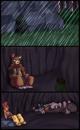 ambiguous_gender anthro backpack cave clothed clothing female female_human feral group hair hat headgear headwear on_lap raining sleeping thunder vandalistpikachu nintendo pokemon rika_(vandalistpikachu) generation_2_pokemon generation_4_pokemon generation_5_pokemon houndoom human luxray mammal pokemon_(species) scrafty ursaring comic hi_res