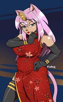 anthro armwear asian_clothing blush bulge clothing elbow_gloves evening_gown floral_pattern forehead_coin gloves green_eyes gynomorph hair half-closed_eyes hand_on_hip handwear inner_ear_fluff intersex legwear lipstick makeup narrowed_eyes nipple_outline pink_hair solo tail thigh_highs tuft nrok cheese_toastie felid feline humanoid mammal alpha_channel hi_res signature