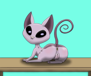anus black_sclera blue_background blushing_butt butt crossgender curved_tail ears_up female feral furniture genitals long_tail looking_at_viewer looking_back lying markings mtf_crossgender pawpads paws pink_nose purple_body simple_background solo table tail thin_tail vulva russleblackheart kid_vs._kat mr._kat alien domestic_cat felid feline felis mammal hi_res