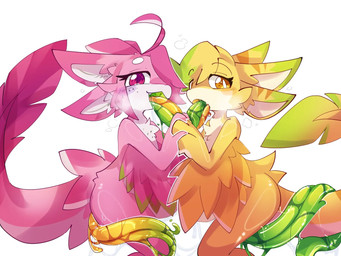 4_ears abdominal_bulge all_the_way_through ambiguous/ambiguous ambiguous_gender anthro big_tail blonde_hair blush bodily_fluids butt drooling duo entwined_tongues extreme_french_kiss eyelashes fangs flat_chested fluffy fluffy_chest french_kissing hair kissing leaf leaf_tail long_tongue multi_ear oral oral_penetration oral_threading penetration pink_eyes pink_hair saliva saliva_on_face saliva_on_tongue saliva_string short_hair smile steam tail teeth tongue wings yellow_eyes foxsicle avali 4:3 hi_res