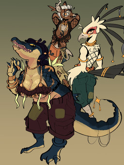 anthro female group male trio jackaroni accipitriform avian bird crocodilian deer mammal reptile scalie secretary_bird hi_res
