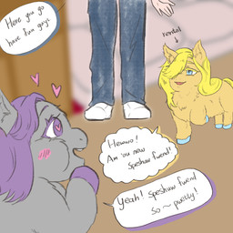 ambiguous_feral ambiguous_gender ambiguous_human baby_talk blonde_hair blue_eyes blue_hooves blurred_background blush blush_lines bottomwear clothed clothed_human clothing denim denim_bottomwear denim_clothing dialogue feral footwear fur grey_body grey_fur group hair hair_over_eye heart_pupils heart_symbol hooves jeans long_hair love mostly_offscreen_character open_mouth outside overweight overweight_feral pants purple_eyes purple_hair purple_hooves shoes tan_body tan_fur teeth text trio white_clothing white_footwear white_shoes young young_feral yellowcottoncandy030 fluffy_pony fluffy_pony_(species) human mammal 1:1 2025 colored comic digital_drawing_(artwork) digital_media_(artwork) english_text hi_res