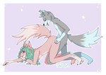 anthro black_nose blue_body blue_eyes blue_fur blush doggystyle duo eyes_closed fangs female from_behind_position fur green_hair grey_body grey_fur hair hand_on_butt looking_back lying male male/female nude on_front open_mouth paws pink_body pink_fur pink_nose sex simple_background sparkles sprinkles teeth tongue nekopumpkin kiki_(nekopumpkin) smokey_(nekopumpkin) canid canine canis fox mammal wolf absurd_res hi_res shaded simple_shading