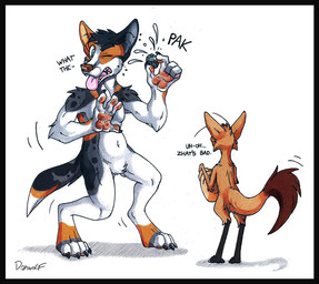anthro black_border border cardigan duo male pre-transformation shrinking size_transformation transformation danwolf15 out-of-placers forebucks scav canid canine canis domestic_dog herding_dog mammal pastoral_dog welsh_corgi yinglet