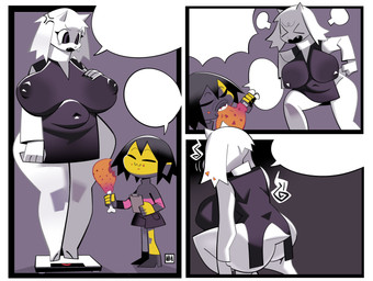 >_< ambiguous_gender angry anthro belly big_breasts big_butt blush bodily_fluids breasts butt chicken_meat clothed clothing covered_nipples crouching curvy_figure depression duo eating exposed_butt eye_contact eyes_closed female food hanging_breasts horn inverted_nipples looking_at_another meat navel_outline nipple_outline nipples overweight overweight_female rear_view roast_chicken_leg sagging_breasts size_difference slightly_chubby speech_bubble tears teeth thick_thighs voluptuous wide_hips hillmyna undertale undertale_(series) frisk_(undertale) toriel boss_monster_(undertale) bovid caprine human mammal 2020 absurd_res aliasing comic digital_media_(artwork) hi_res